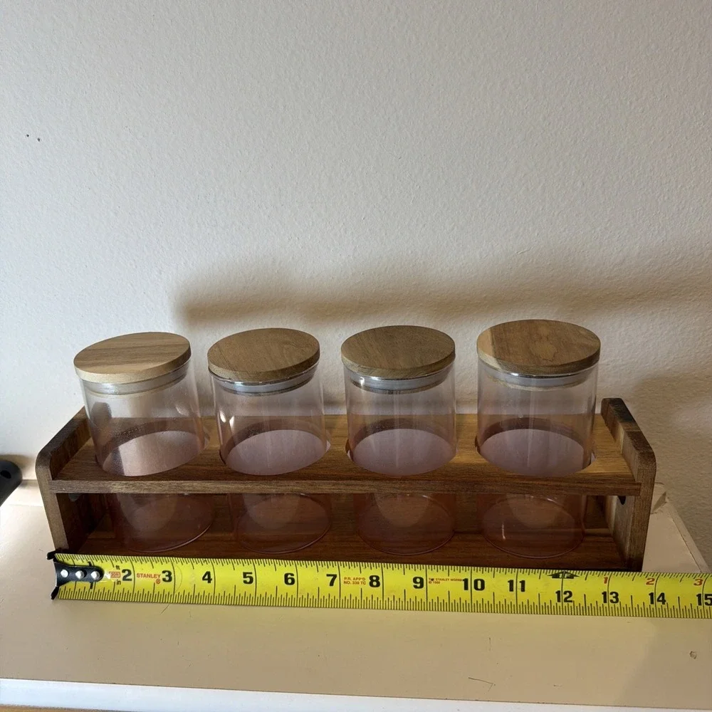 Wooden Spice Box Six Bottles Propagation Station Pink Glass Jars